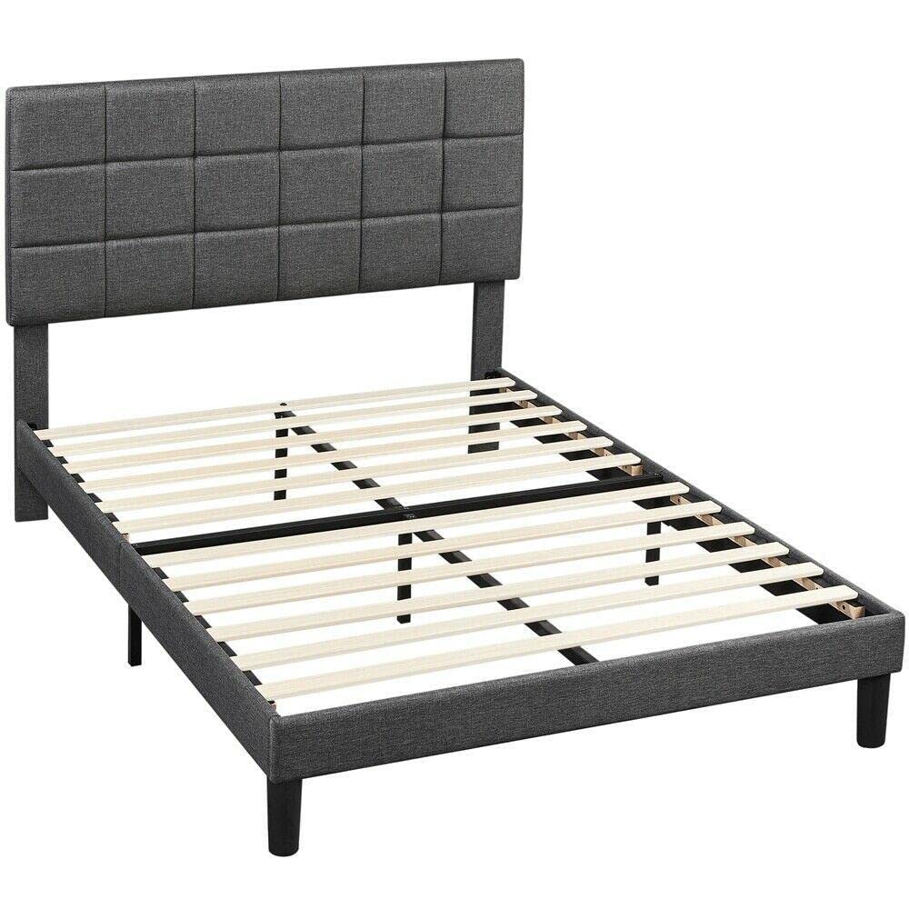 Buy Upholstered Metal Bed Frame w/Adjustable Headboard Wood Slats