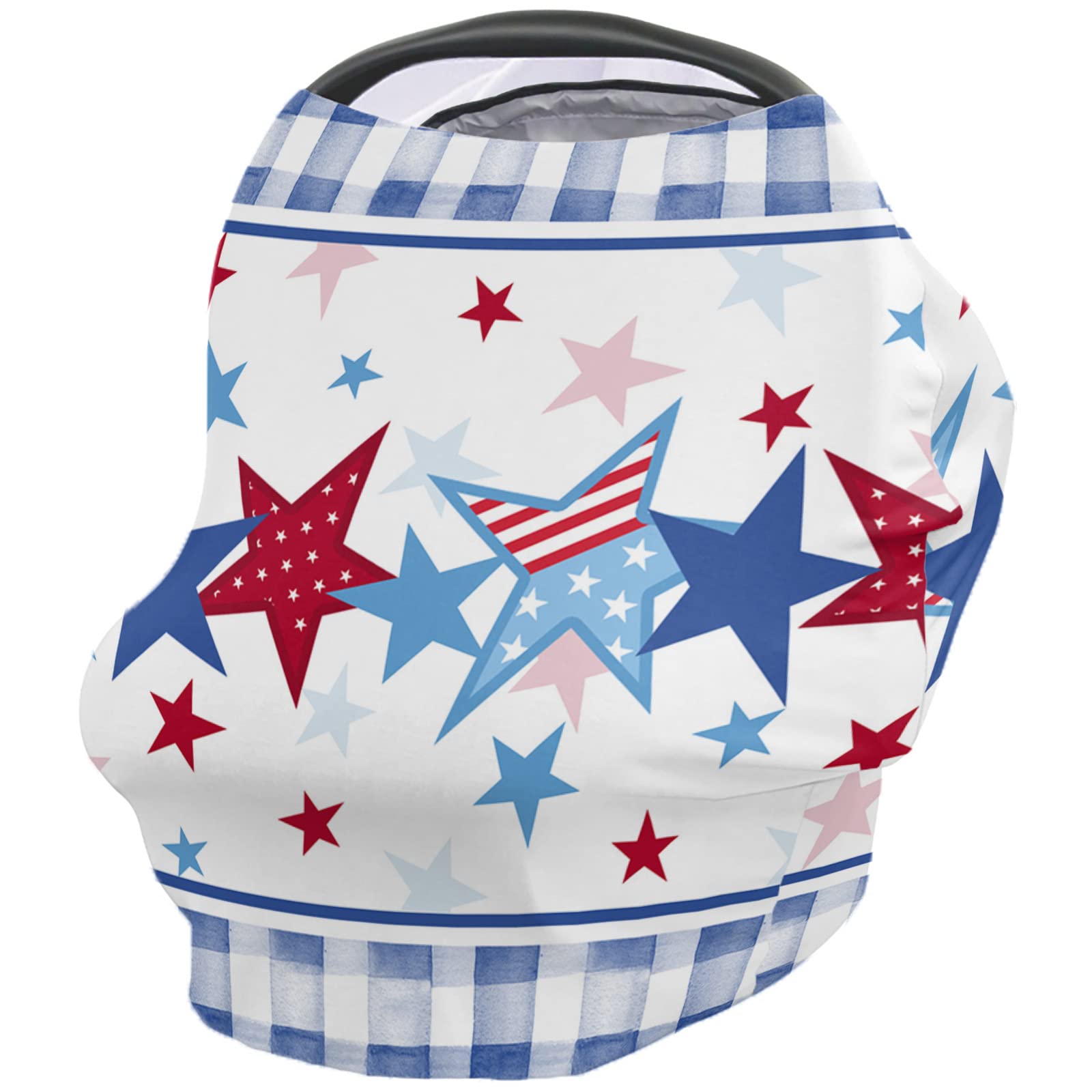 Nursing Cover for Breastfeeding Scarf, Blue and Red Stars Plaid Independence Day 4th of July Baby Car Covers Super Soft Multi Use for Canopy Shopping Cart Cover Blanket Stroller Cover