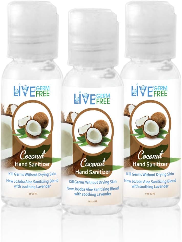 Live Germ Free – Antibacterial Natural Hand Sanitizer Gel with Jojoba Oil, Aloe Vera, Vitamin E – Gives 24 Hours Skin Protection (1 oz-3pack Coconut)