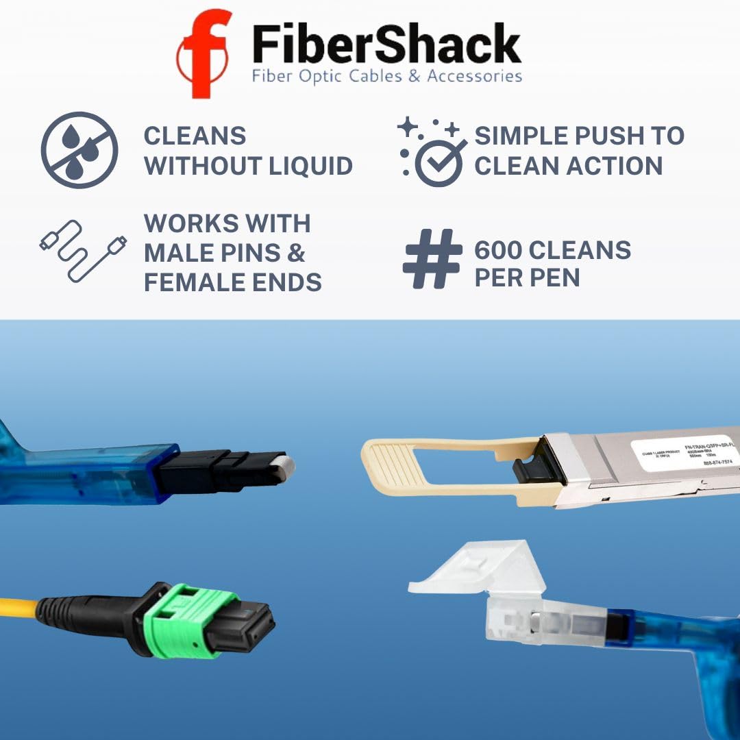 Fibershack - MPO Fiber Cleaner - Rotating MTP Cleaner Pen for Quickly Cleaning Ferrules & Cables - for Data Center MPO Connectors & Cables, Also Cleans QSFP Transceivers