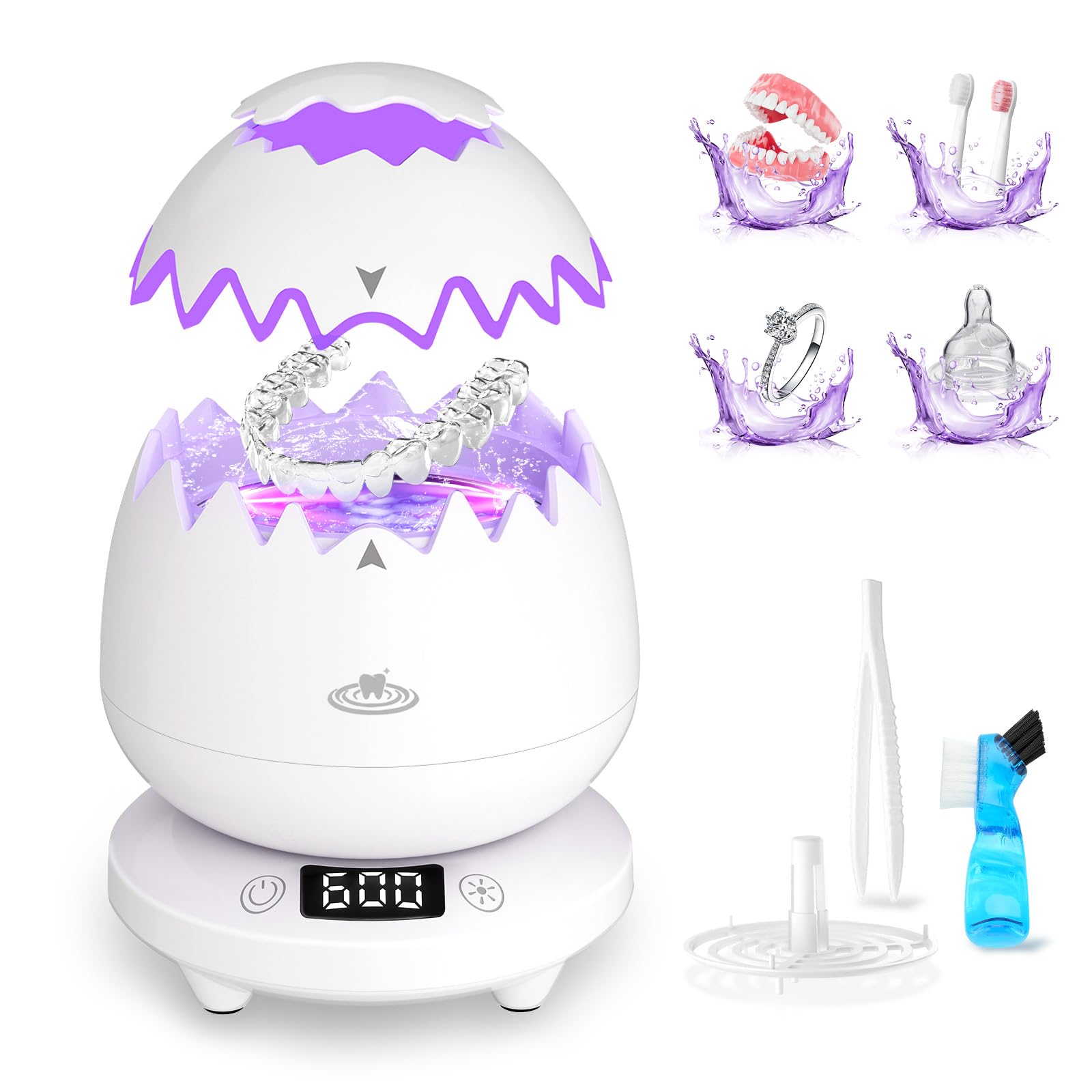 Limpiador ultrasónico 2025-45000 Hz, limpiador ultrasónico, 180 ml, para férula dental, dentaduras, retenedores, alineadores, prótesis, cabezal de cepillo de dientes, limpiador de joyas