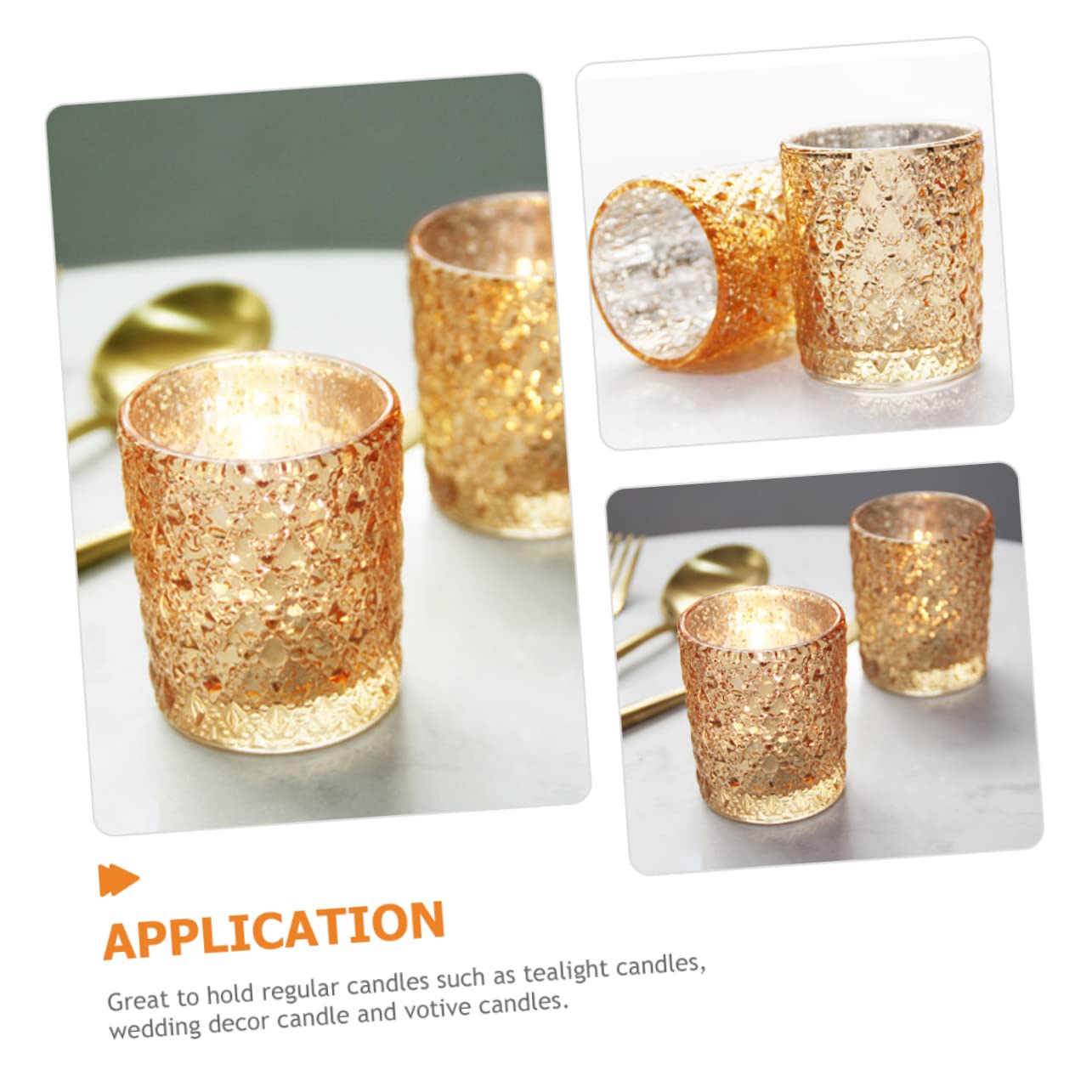 Portavelas de Vidrio Dorado Relieve Romántico 12 Piezas | Decoración Europea Elegante, para Bodas y Eventos Obsequios, Formato Portátil