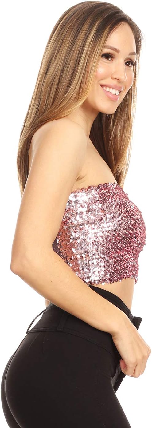 Anna-Kaci Womens Shiny Sequin Party Cropped Strapless Bandeau Stretch Tube Top - Image 4