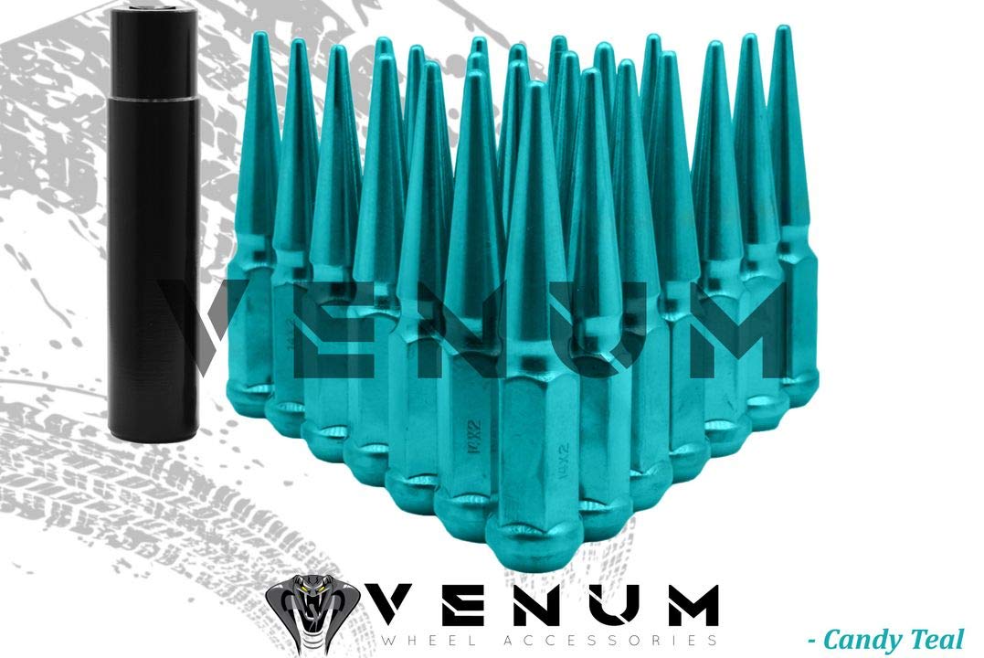 32 Pc M14x1.5 Candy Teal Spike Lug Nuts - Powder Coated - 4.5" Tall Compatible with Chevrolet/GMC 1999-2020 Silverado Sierra 2500 HD 3500 HD 8 Lug Trucks