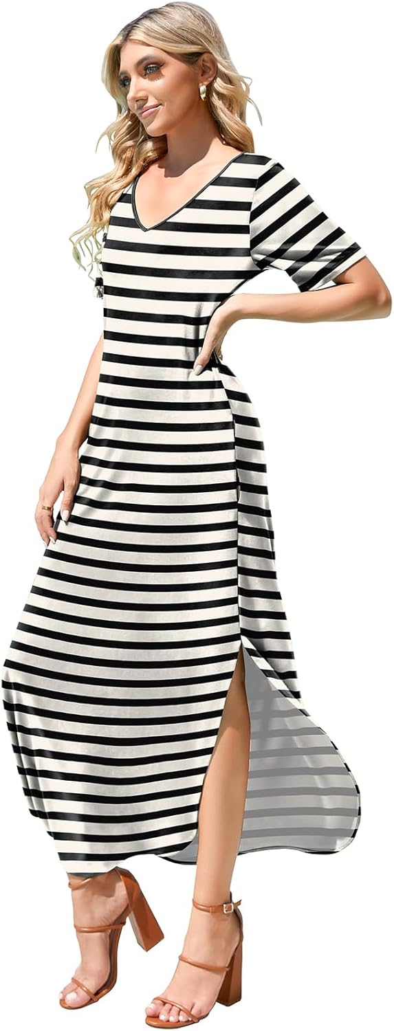 Women's Casual Loose Sundress Short Sleeve V Neck Long Dress Split Maxi Summer Beach Dress with Pockets