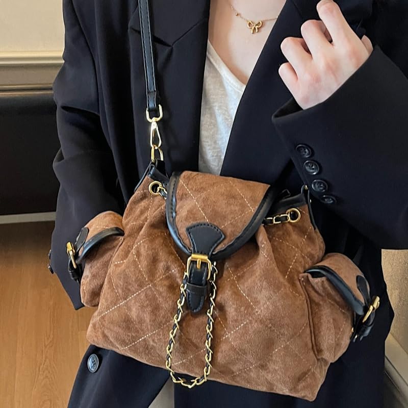 Women's Suede Backpack,Stylish Casual Soft Shoulder Bag,Quilted Design Retro Large Capacity Satchels with Gold Chain - Image 3