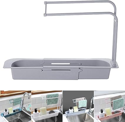 Soporte para Fregadero Telescópico Telescópico Bandeja de Drenaje Cesta con Toallero Esponja Extensible Escurridor de Jabón para El Hogar Cocina Gris