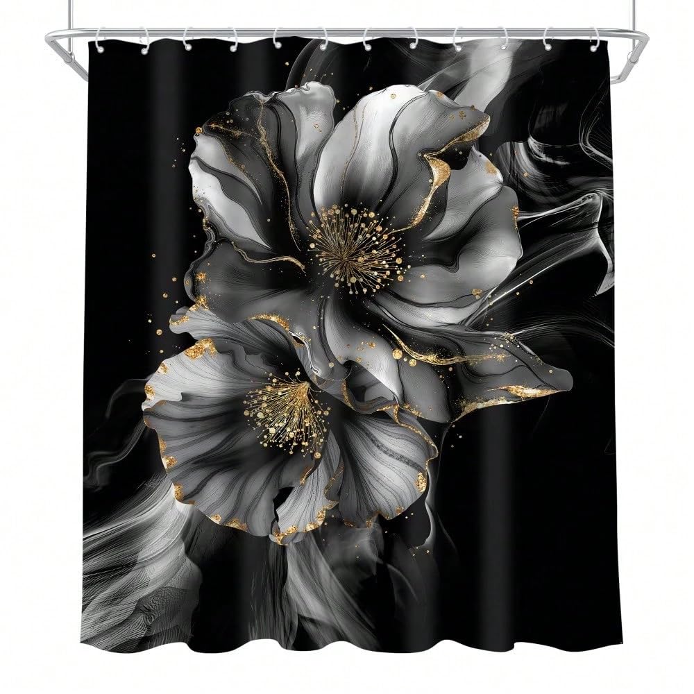 Schwarzer und goldener abstrakter Duschvorhang mit Blumenmuster, moderner grauer Marmorblumen-Goldton, elegante Tintenstruktur, Badezimmer-Vorhangset für Damen (300 x 200 cm / 118 x 79 Zoll (B x H))