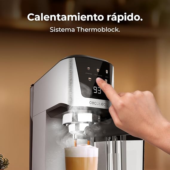 Cecotec Semiautomatic Power Espresso 20 Cream Coffee Maker, 20 Bars, Thermoblock Heating, Suitable for Ground Coffee, Espresso, Cappuccino and Latte, Touch Screen, Milk Tank 700 ml and Water 1L