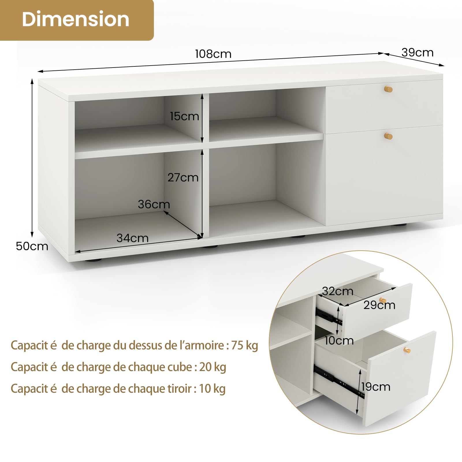 KOMFOTTEU - Armadietto con 4 cubi semi-aperti e 2 cassetti, armadio multifunzionale con piedini regolabili, mobile laterale in legno, 108 x 39 x 50 cm, Bianco
