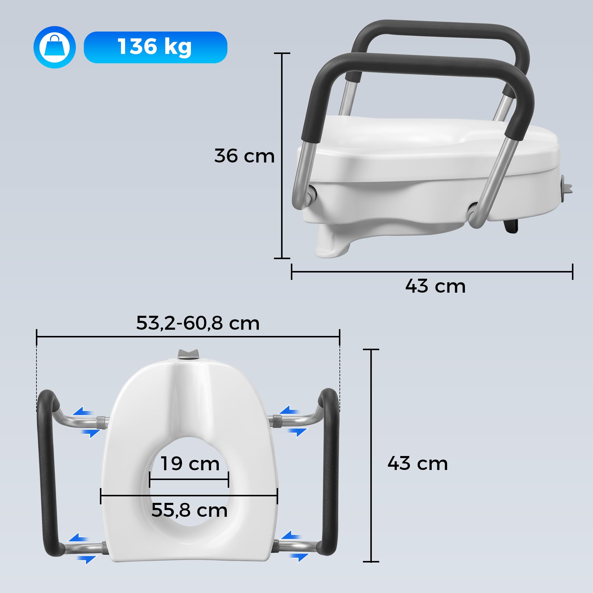 HOMCOM Rialzo sedile WC con maniglie, larghezza regolabile, braccioli imbottiti, installazione senza attrezzi, facile da montare, per anziani e convalescenti, bianco