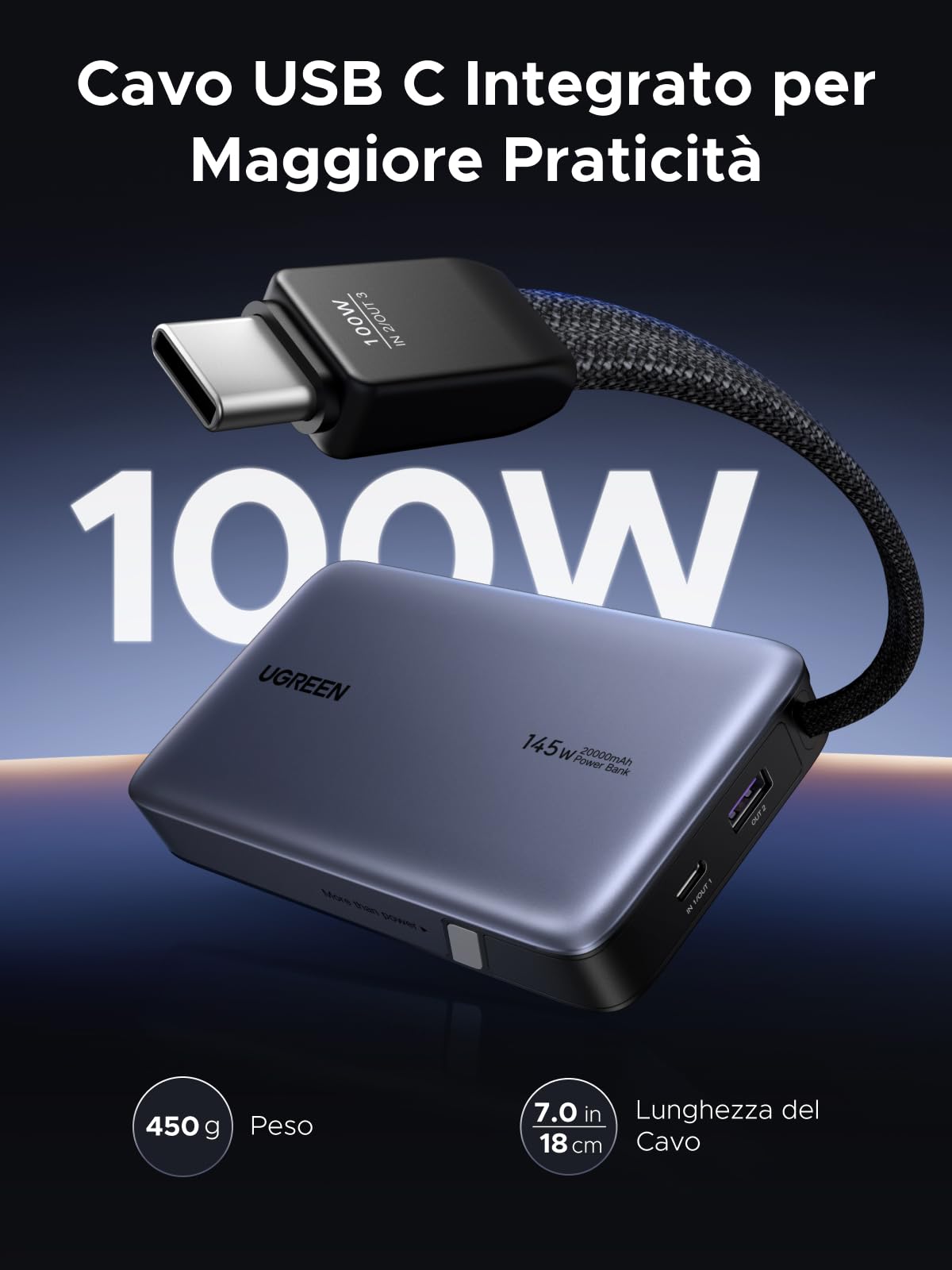 UGREEN Nexode Power Bank 20000mAh da 145W con Cavo USB C Integrato Ricarica Rapida Portatile con Schermo LED Compatibile con iPhone 17 16 15 14 Air Plus Pro Max Galaxy S25 S24 MacBook