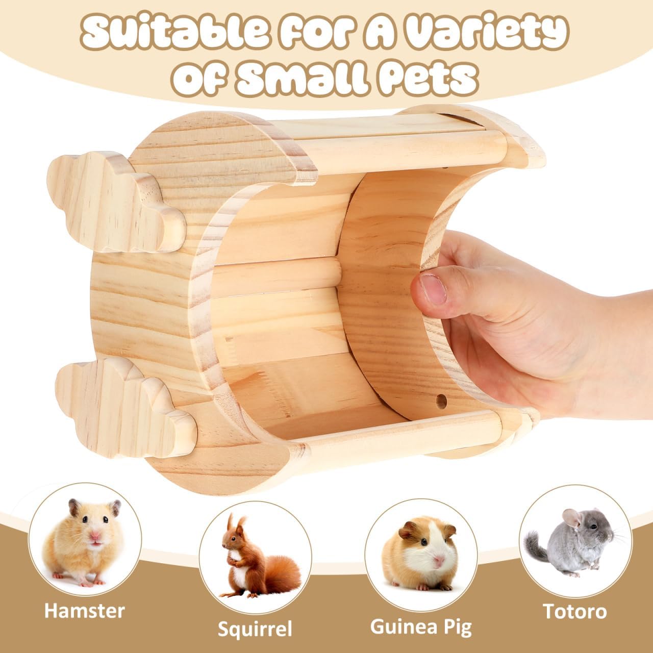 POPETPOP Hamster Houses and Hideouts, Solid Nature Wood Chinchilla Hideout, Wooden Chinchilla Cage Accessories for Hamster, Guinea Pigs, Rat, Small Animal (Moon Shape)