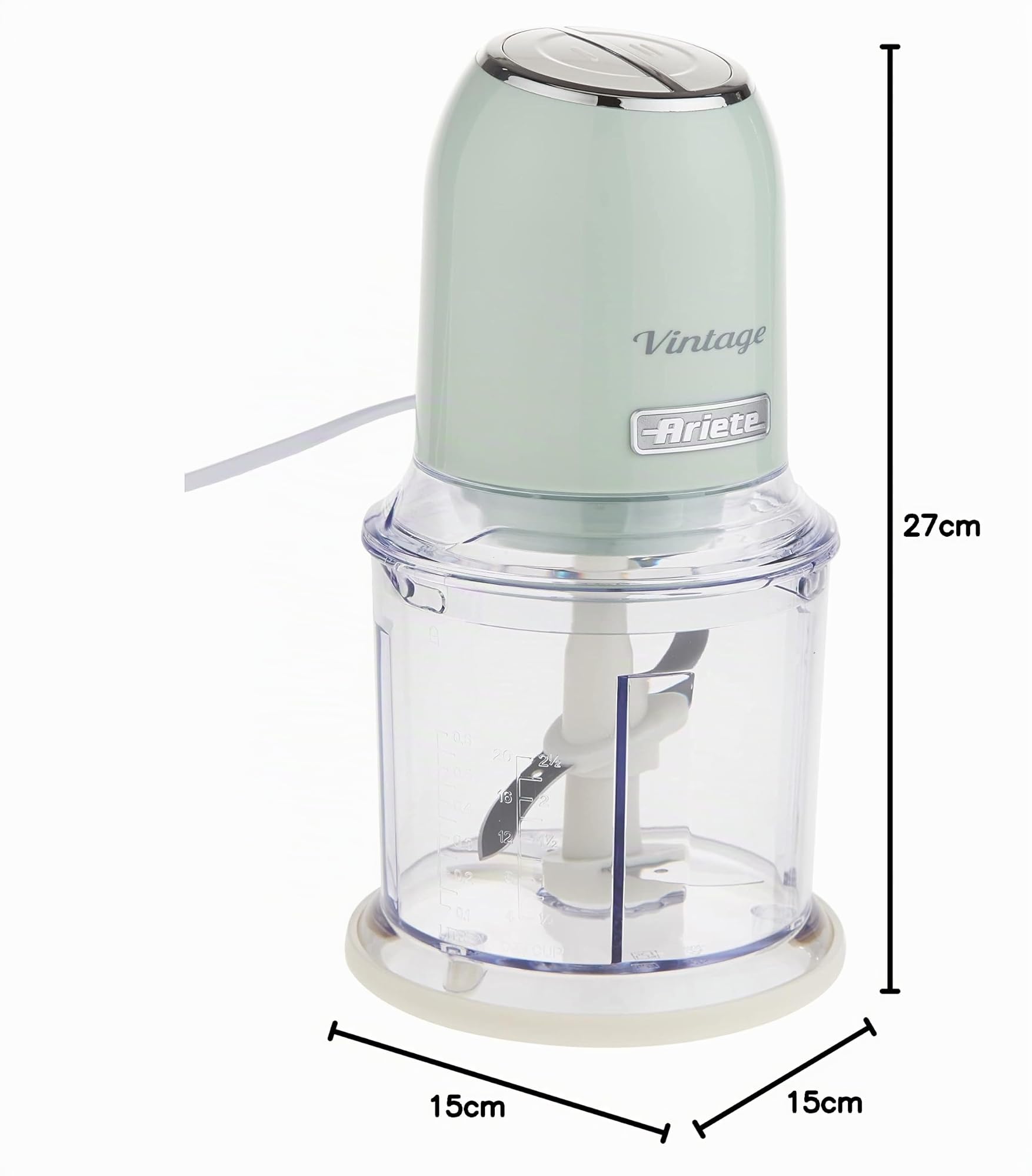 Ariete PicadorA Vintage 438, Picador de Verduras y Hielo Eléctrico con 2 Velocidades, 4 Cuchillas de Acero Inoxidable, Pies Antideslizantes, 600 ml, 400W, verde