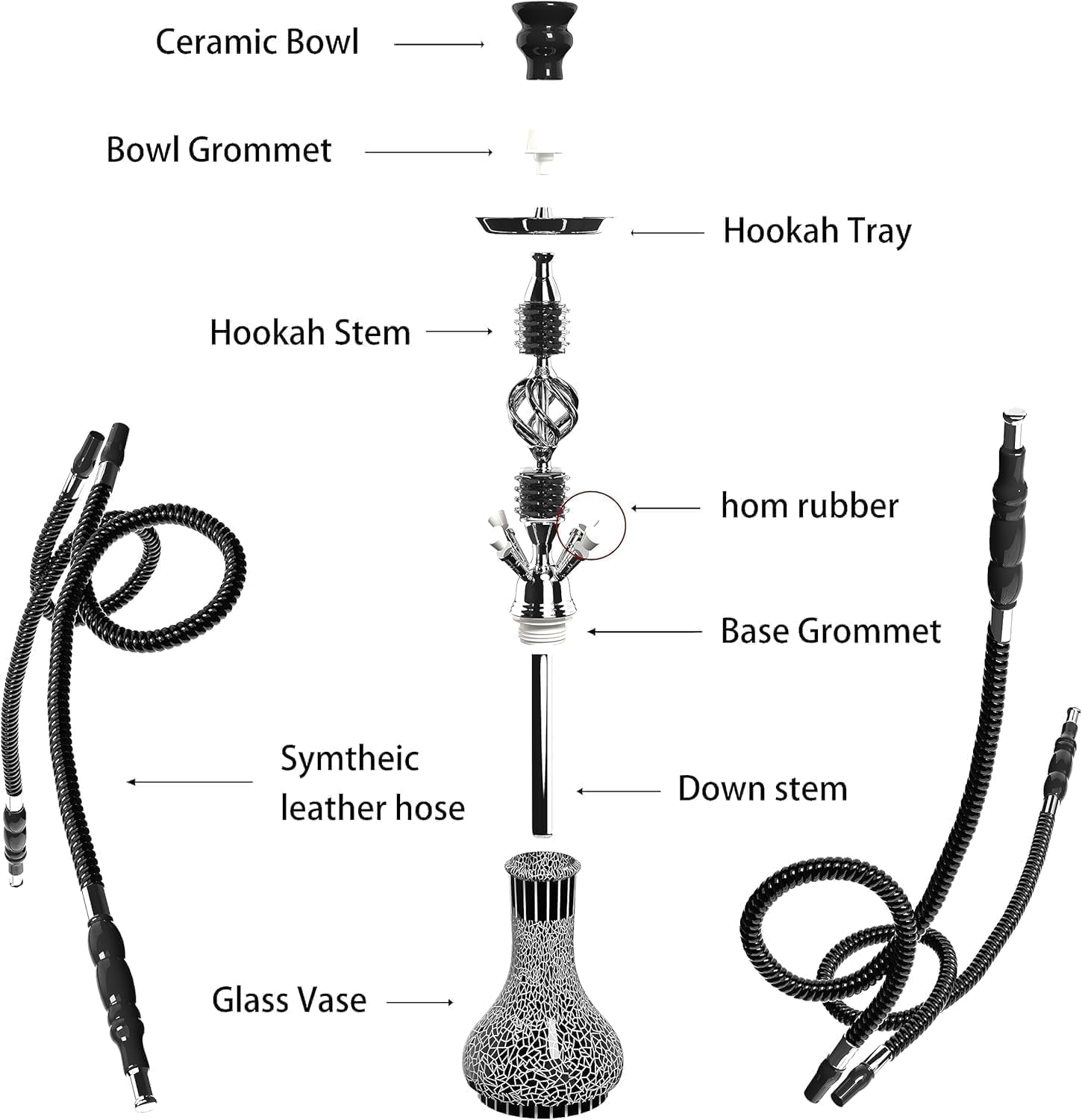 Narghile Completo, Set completo di narghiello con 4 tubi, grande kit Shisha da 56 cm per fino a 4 persone con tutto incluso, ciotola in ceramica | Tubo Premium | Bellissimo vaso in vetro (Nero MP2)