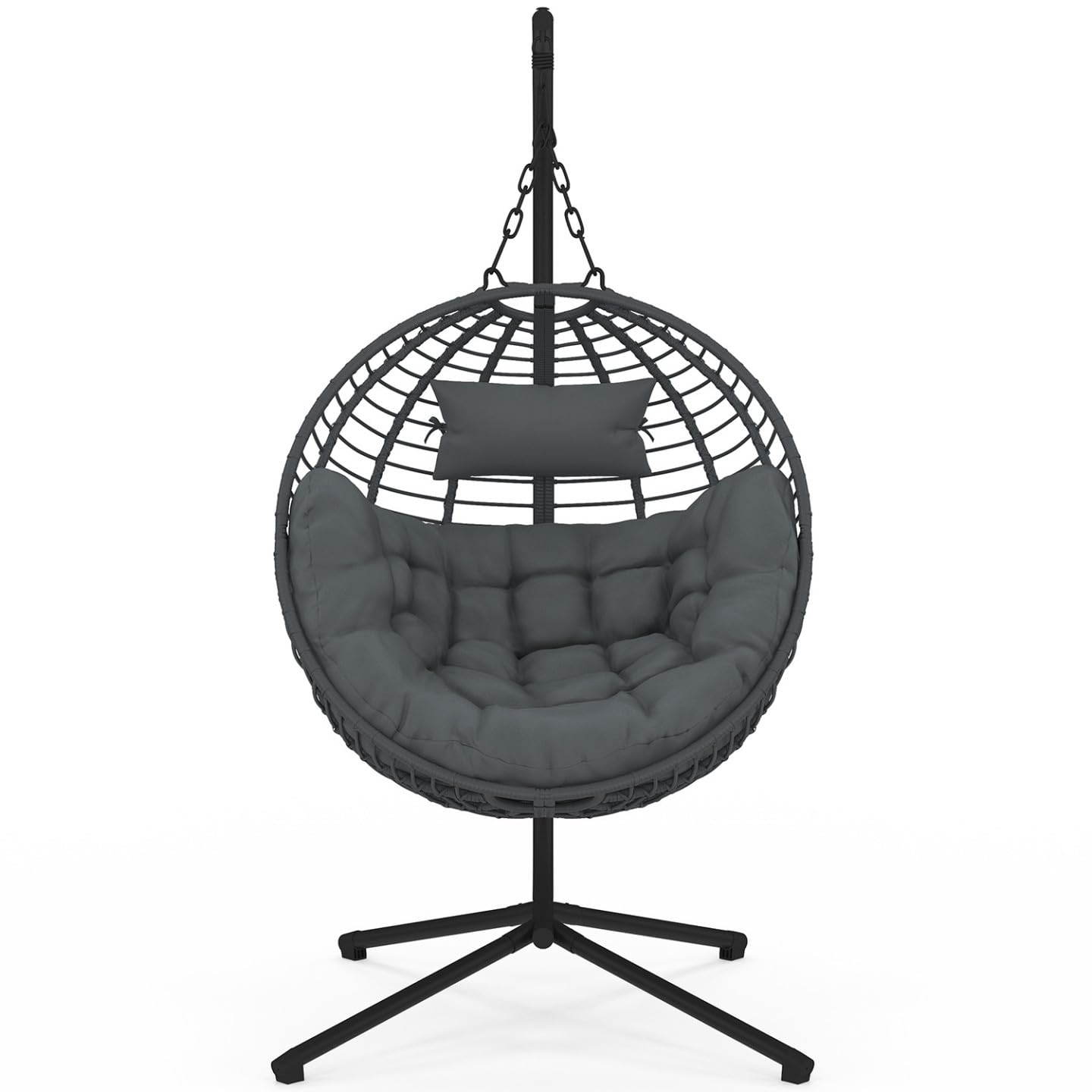 IDMarket - Fauteuil Rond Suspendu ajouré Effet rotin Gris avec Coussin Gris