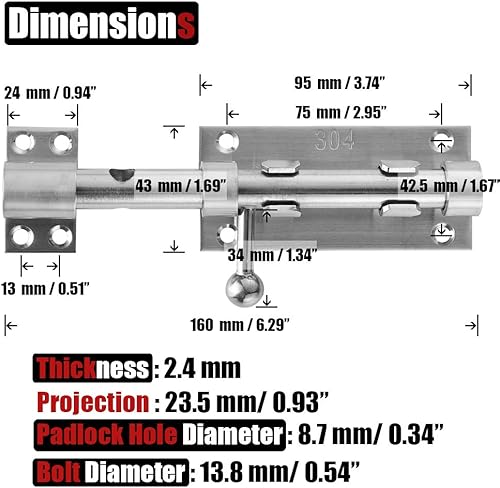 Miniatura 2 de JQK DL300-BN-P2 - Pestillo de puerta corrediza, 6.3 pulgadas (grosor 0.094 in) de acero inoxidable 304 resistente con orificio para candado,