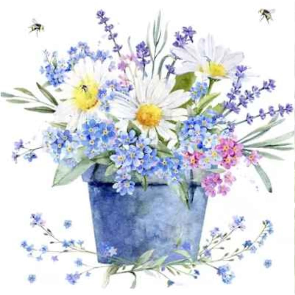 Set of 2 Individual Decoupage Paper Party Napkin Pot Mixed Flowers Watercolor Decor Luncheon Napkins for a Birthday Holiday, Wedding, Cocktail Party