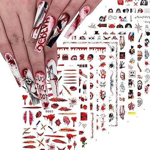 YOSOMK Halloween Nail Art Sticker Decals Red Lips Eyes Insect Skull Spider Nail Decals Bloody Self-Adhesive Nail Art Supplies for Halloween Party Manicure Decoration DIY Design (12 Sheets) Cover