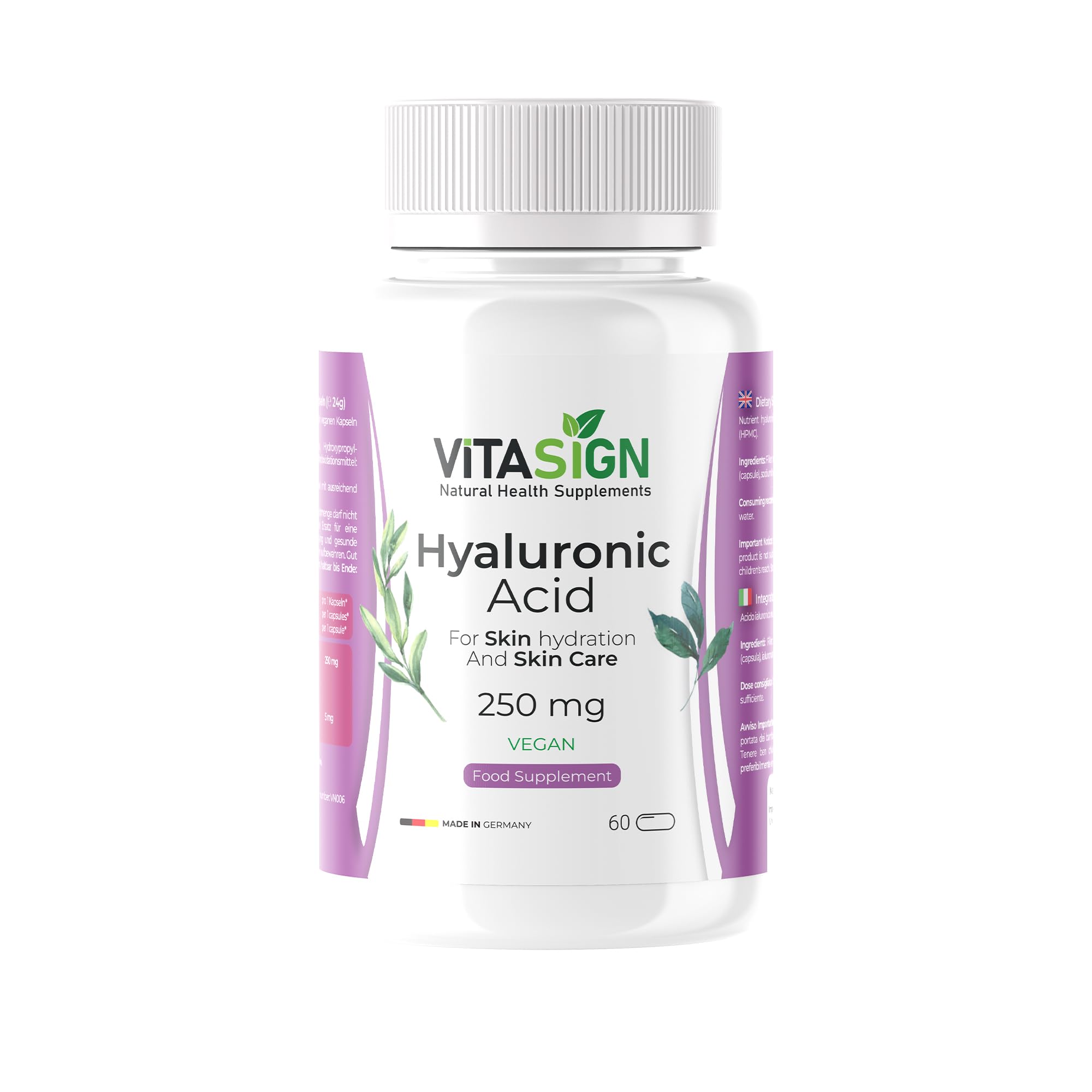 Premium Hyaluronic Acid 250mg, 60 Vegan Capsules – Supports Skin Hydration & Skin Care