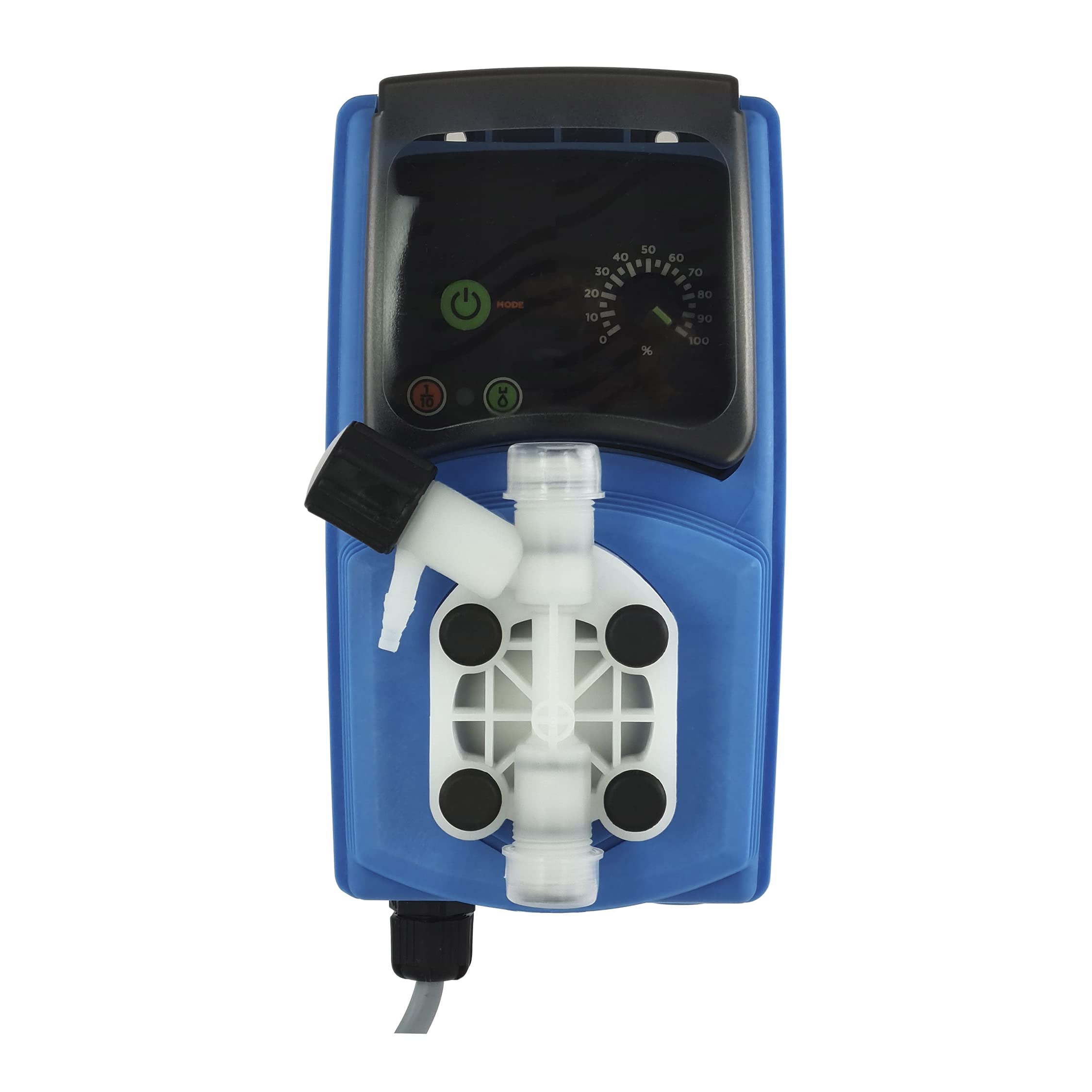 Bomba dosificadora de impulsos electromagnética de membrana con caudal constante. Hasta 6 L/H. 7 Bares de presión. Para su uso en piscinas, saunas, autolavados. Azul