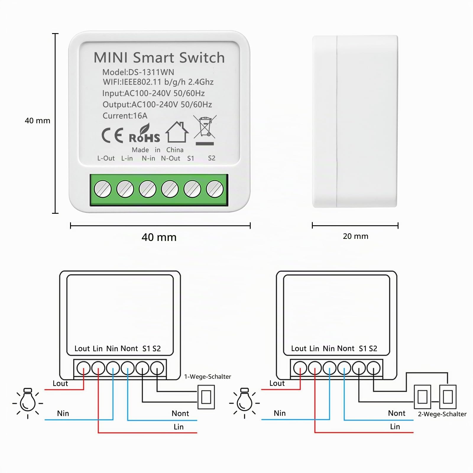 6 Stück Smart Lichtschalter Alexa, WLAN Schalter Modul, Mini Smart Switch