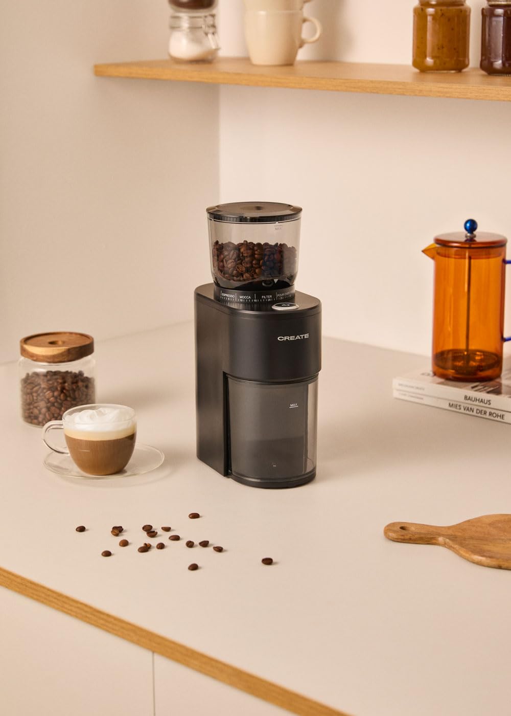 CREATE/COFFEE GRINDER STUDIO PRO/Macina caffè con contenitore nero/Capacità fino a 150g, 38 livelli di macinatura, sistema di sicurezza, 200W