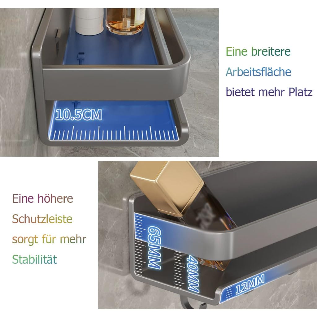 Estante de Ducha sin Taladro, Estante de Pared con Ganchos Colgantes, Organizador de baño de Metal con Barra de protección, Estante de Ducha para Lavabo, Ducha y Cocina,1etage,40cm