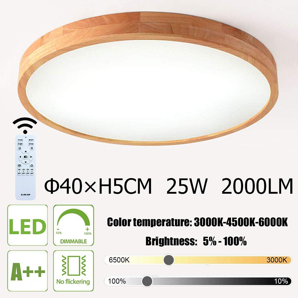 Plafón LED De Madera Redondo Plafón Empotrado Φ40CM 25W 2000LM Regulable Con mando a distancia 3000K-6000K, Plafón LED para Baño, Utilizado En Dormitorios, Cocinas, Salas De Estar, Pasillos
