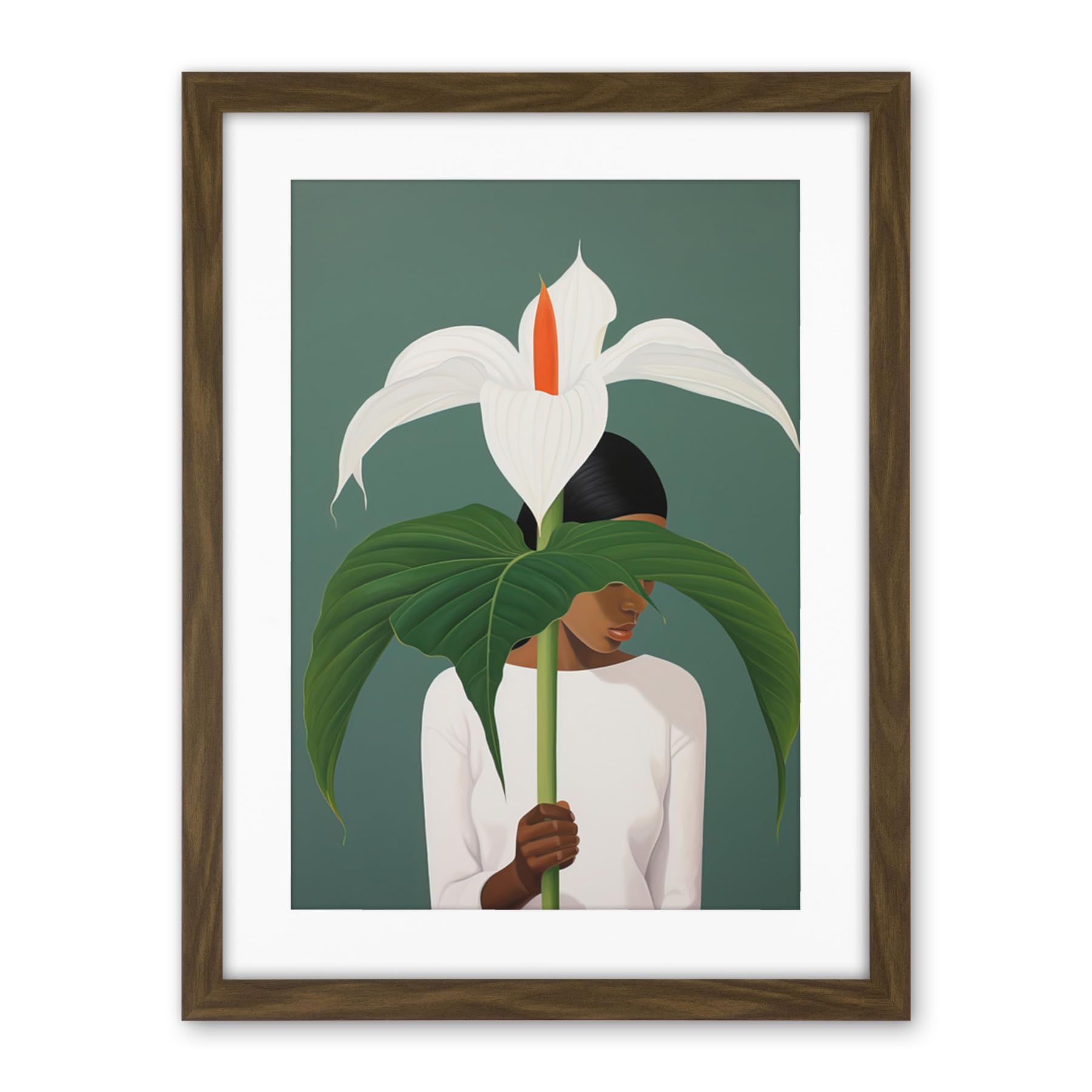 Artery8 Giant Peace Lily Showcase Realistic Oil Painting White Teal Green Woman with Flower Minimalist Artwork Framed Wall Art Print 18X24 Inch