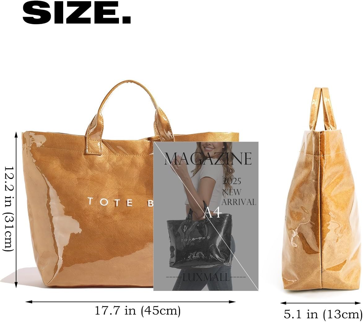 PVC Tote Bag for Women Large Tote Purse Kraft Paper Letter Print Hobo Handbags for Work Beach Shopping Travel