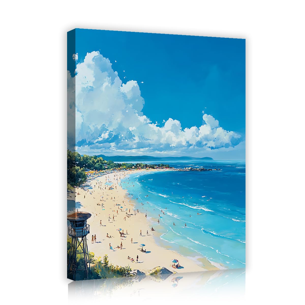 SHENGPOSTER Arte mural de lienzo costero de verano, arena playa, torre de socorristas, arte para salón, decoración de pared de apartamento, fotos listas para colgar, cuadro interior azul 60x72cm