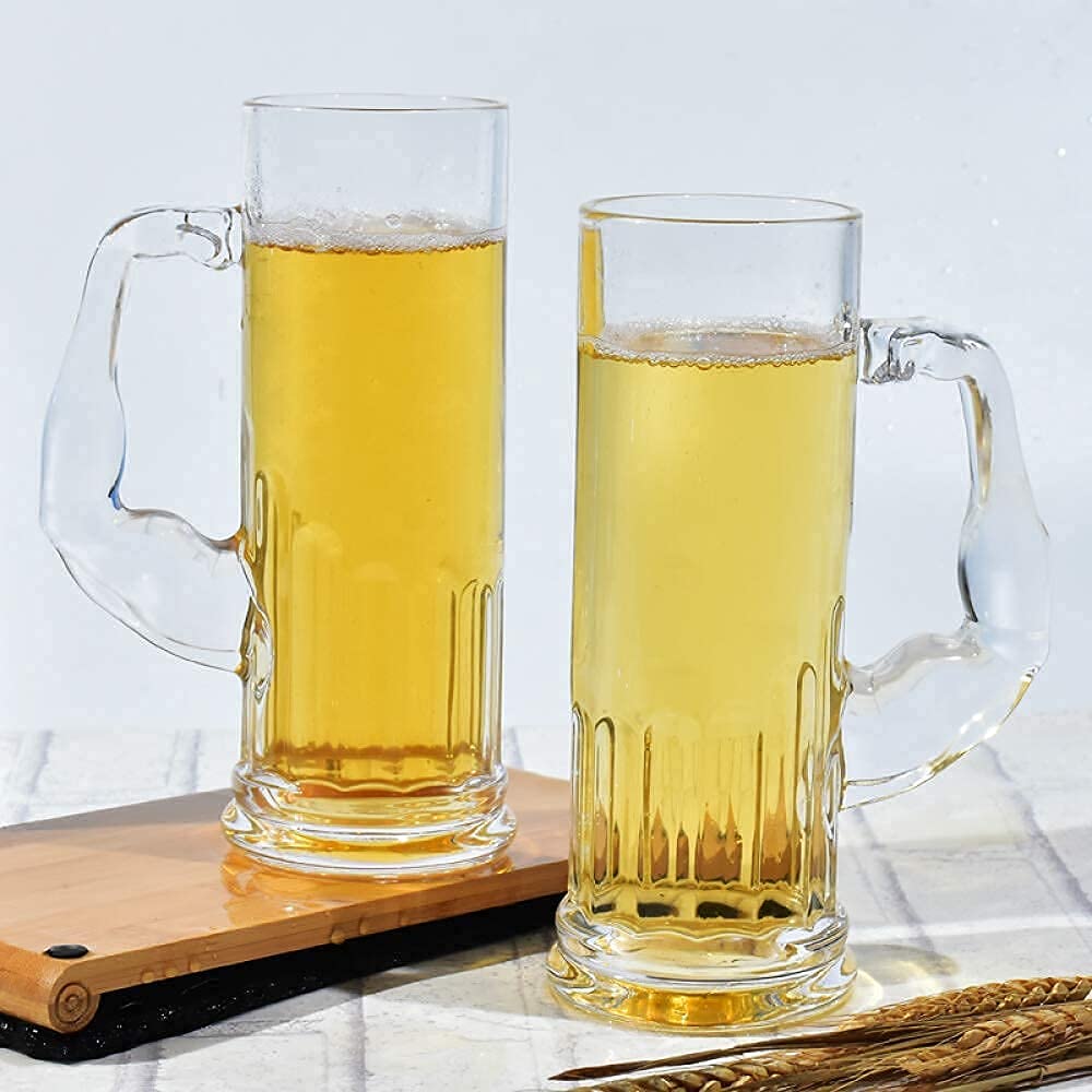Classic Muscle Beer Mug Heavy Base Beer Glass 600 ML, Set of 2 Italian Style Jumbo Beer Mug with Handle Classic Design Crystal Clear Glass Whiskey, Wine for Home Bar