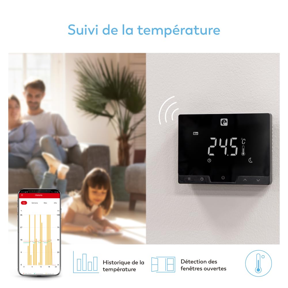 Garza - Thermostat WiFi Intelligent Sans Fil pour Chauffage et Chaudière, Programmable, Écran Tactile, Commande Vocale (Alexa/Google), 2,4 GHz, Noir
