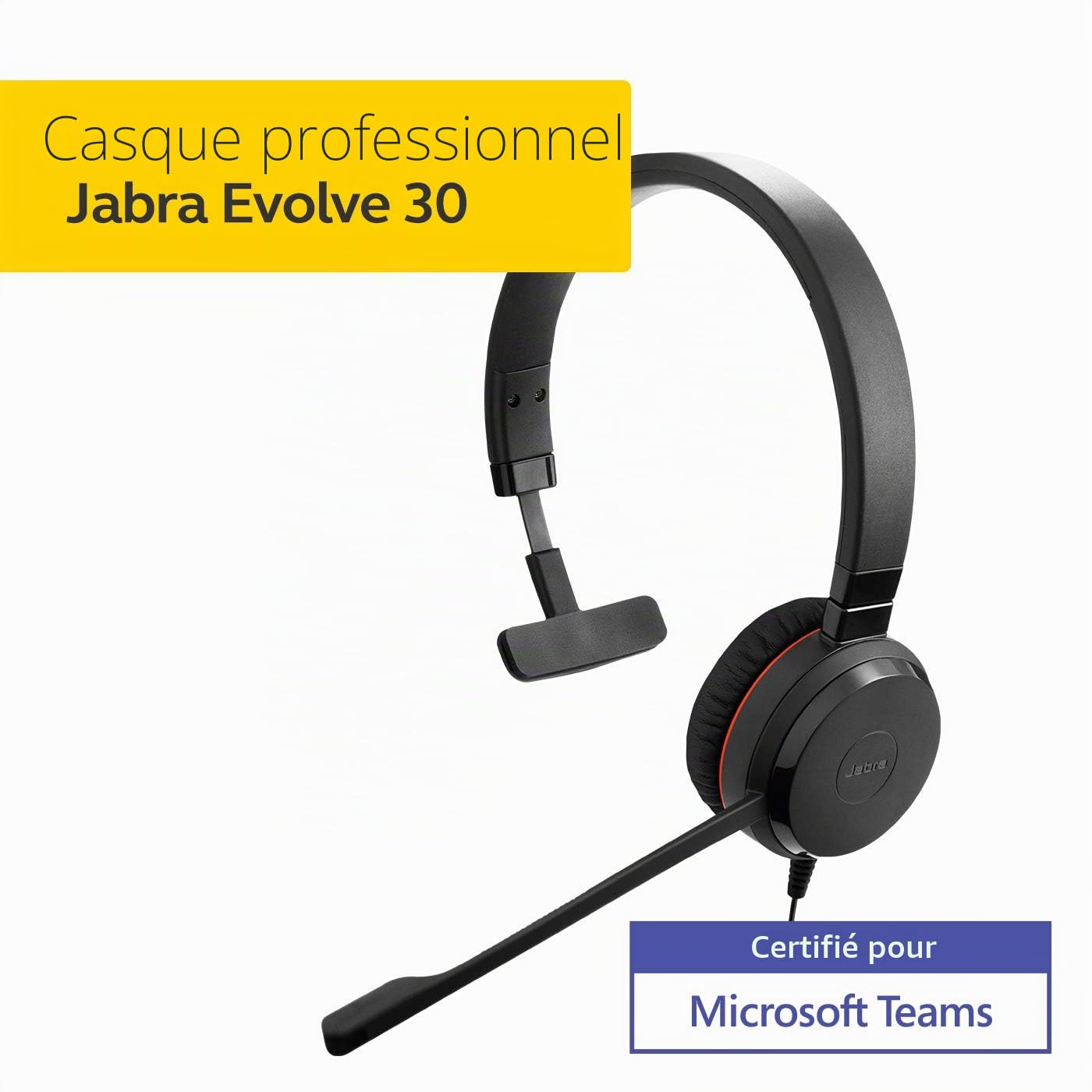 Jabra Evolve 30 MS Mono Casque - Casque certifié Microsoft pour VoIP Softphone avec annulation passive du bruit - Câble USB avec contrôleur - Noir