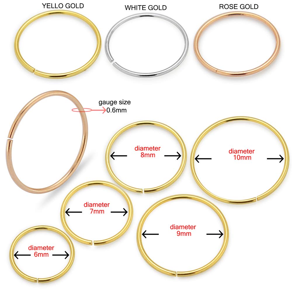 14K Solid Gold Seamless Continuous Hoop Nose Ring - Cartilage, Tragus, Helix & Daith Piercing - Available in Yellow, White & Rose Gold, Gauge(24G- 18G), Diameter (6mm-10mm), 9MM / 22G, Metall