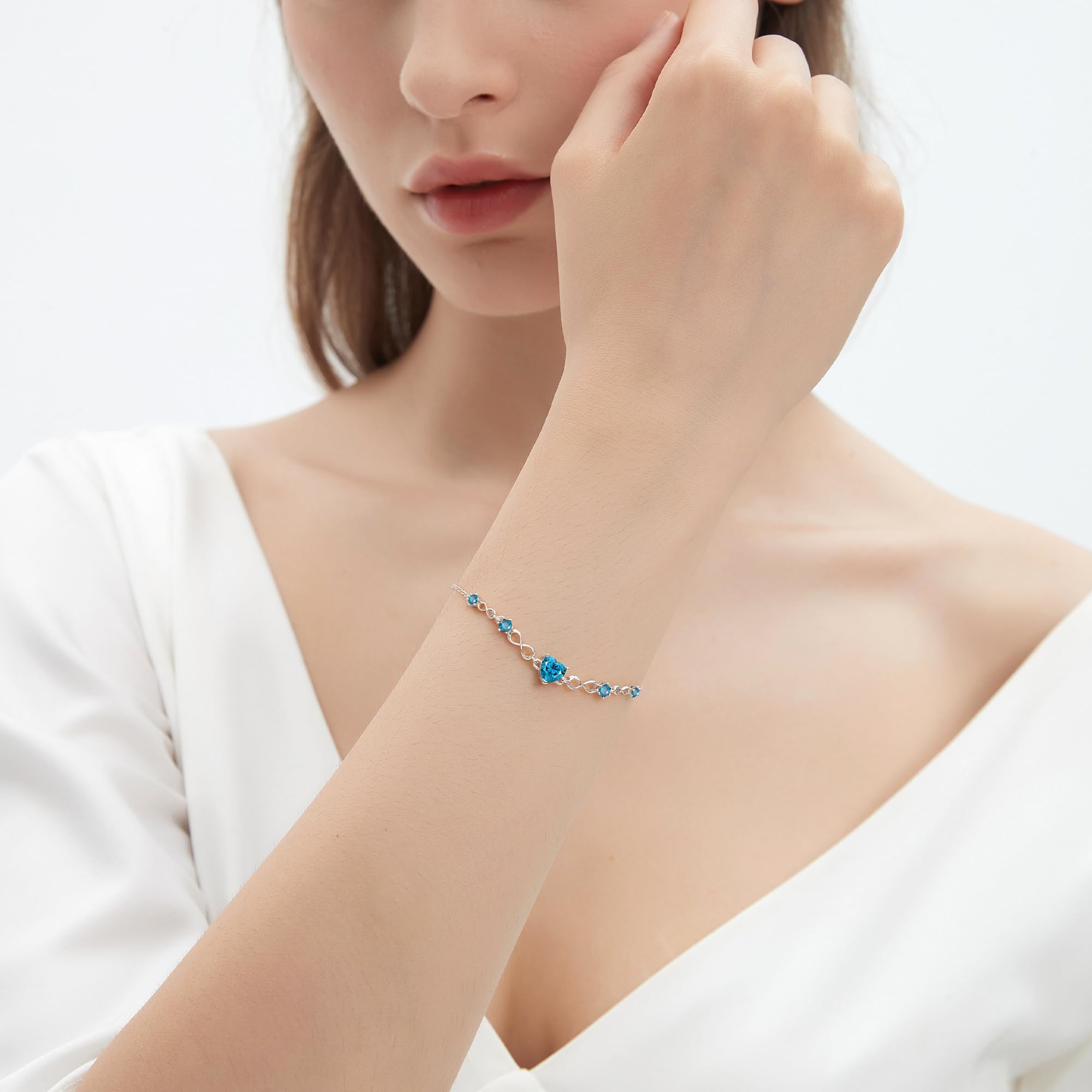 G&GEMSJEW Infinity Heart Bracciale da donna in argento sterling 925, con cuore e pietra portafortuna, regolabile, San Valentino, compleanno, regalo per donne, mamma, fidanzata