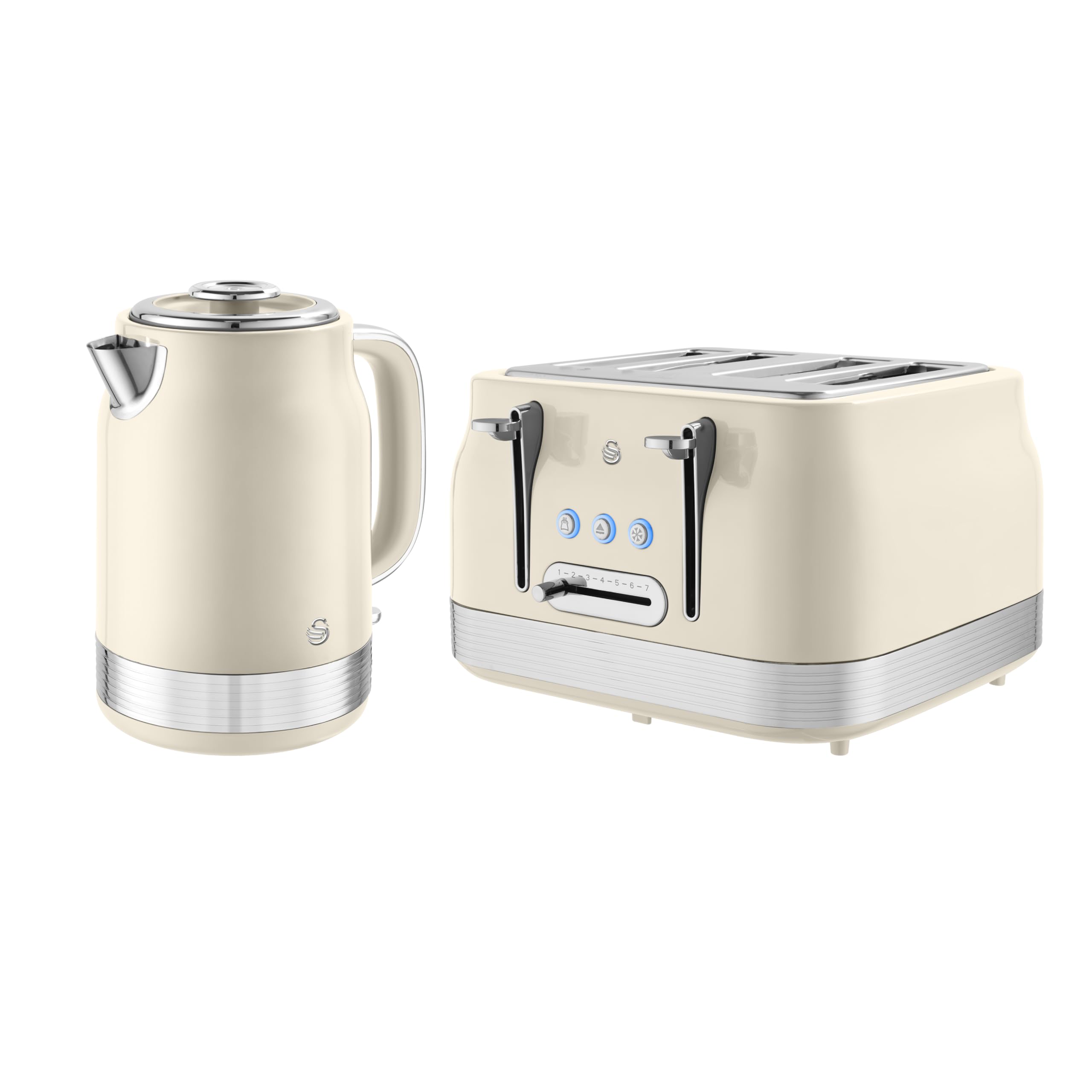 Swan Retro Kitchen Set, 1.7L Rapid Boil Jug Kettle with 360 Degree Base and 4 Slice Toaster with 7 Browning Levels, 1860W, Cream, SK19025C & ST19029C