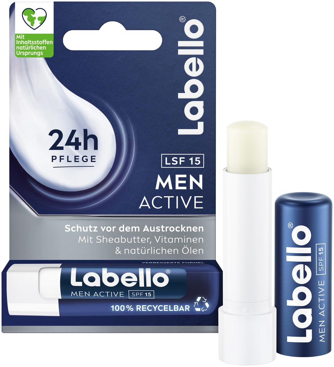 Labello Men Active Lippenpflegestift mit LSF 15, hochwirksame Lippenpflege für Männer mit Sheabutter, Vitaminen und natürlichen Ölen, Lippenbalsam für 24h Feuchtigkeit (4,8 g)