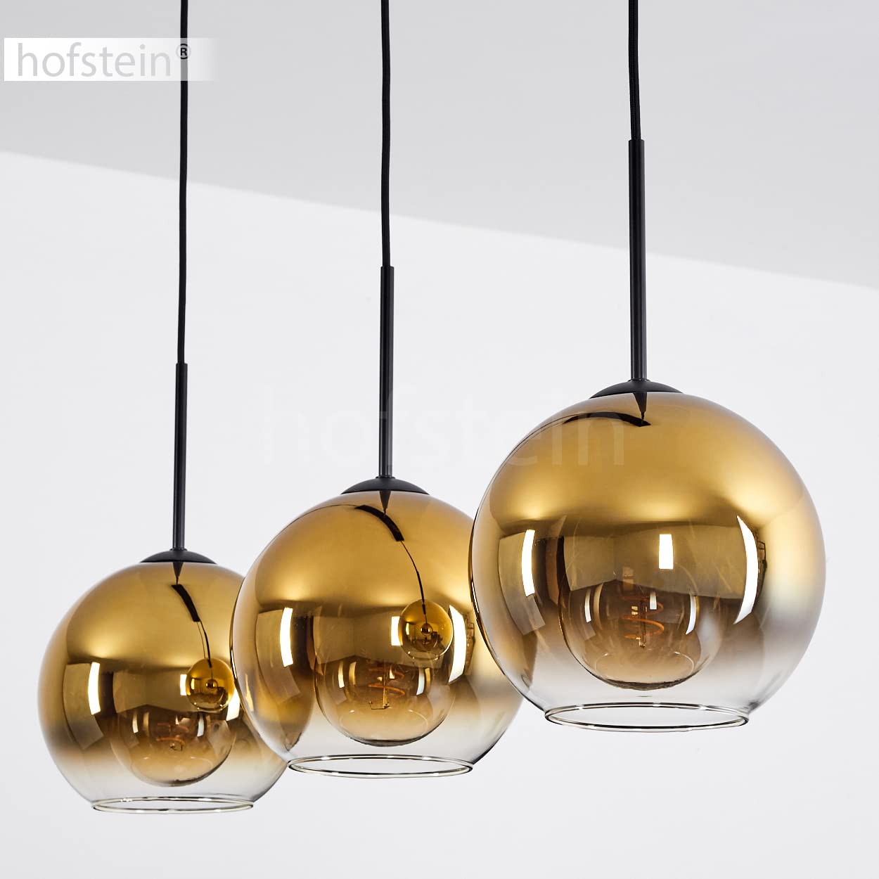 Lampada a sospensione Koyoto, lampada in metallo/vetro in nero/oro/chiaro, lampada a 3 luci in design vintage/retrò con paralumi in vetro (Ø 20 cm), altezza massima 152,5 cm, 3x E27, senza lampadina/e