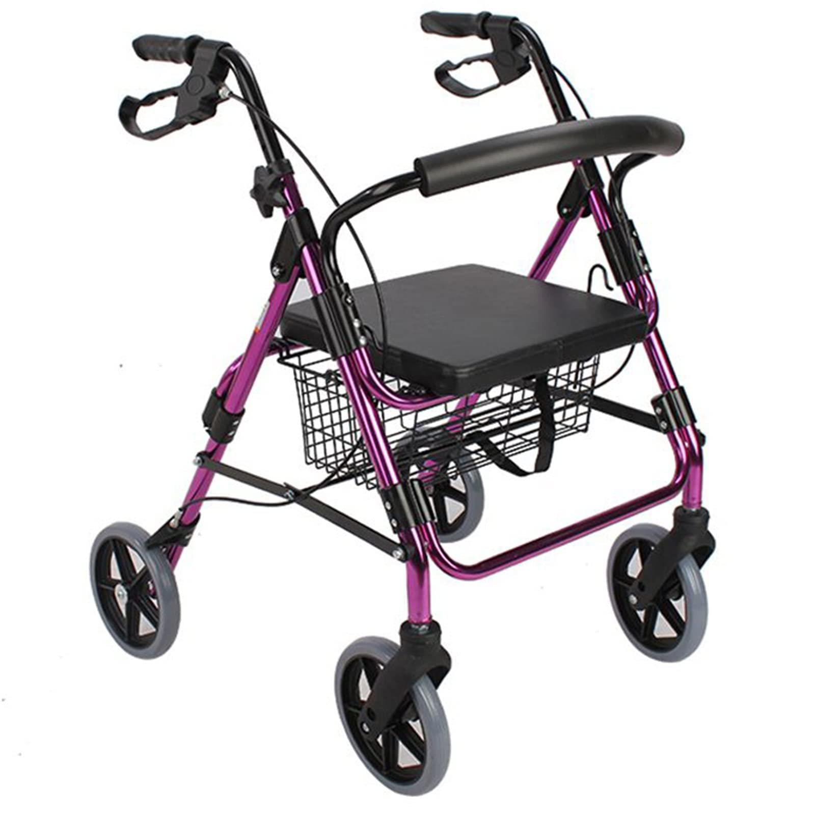 Andador Plegable con Ruedas, Altura Ajustable (150-185 cm), Capacidad de 100 kg, Cesta de Almacenamiento con Asiento, Frenos, Ruedas de 4 Pulgadas, Color Morado.