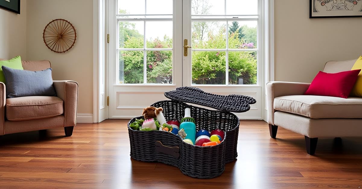 Morezi Dog toy basket bin box with lid bone shape designed personalized great for organizing chew toys leashes clothing in living room area for pet dogs cats breeds