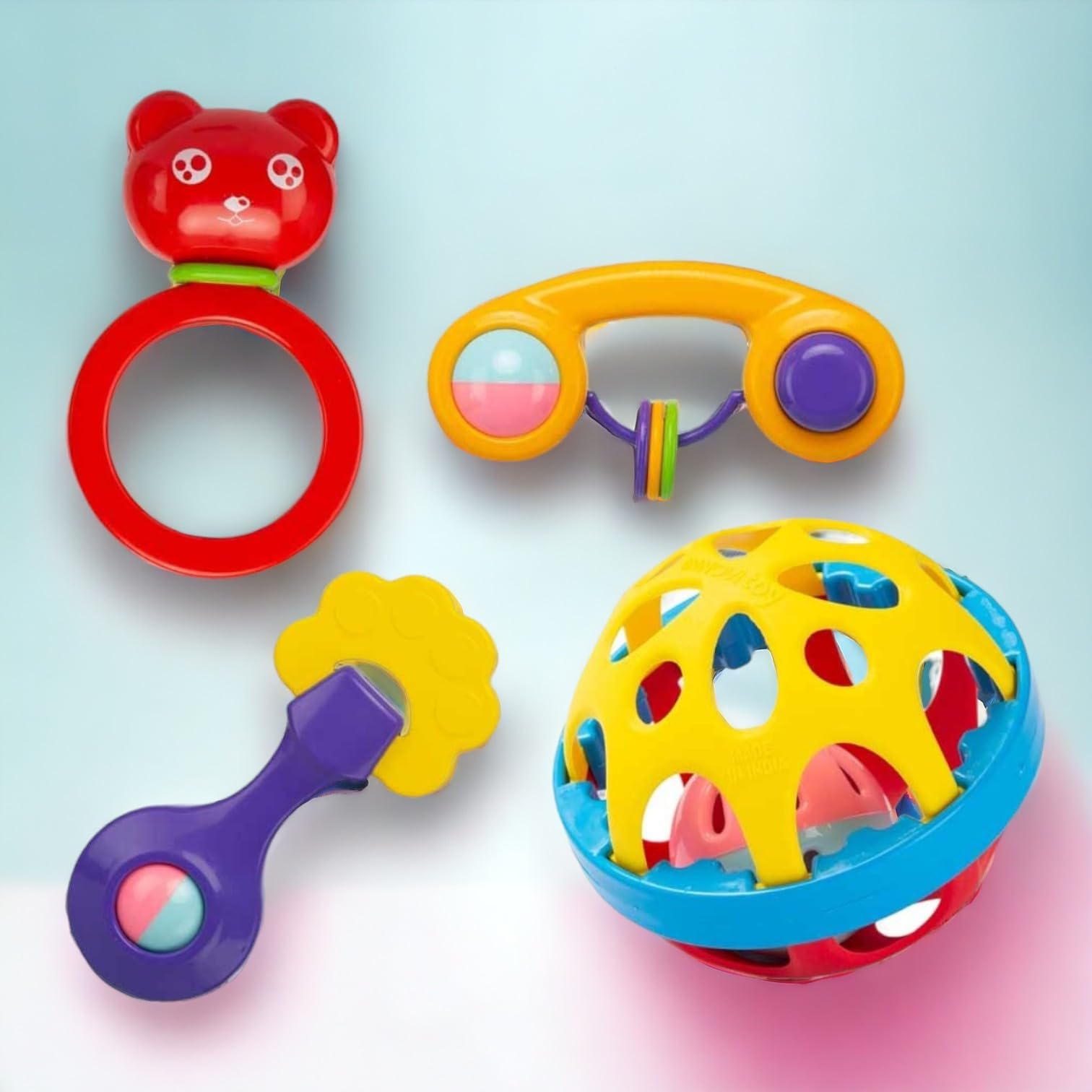 Plastic Toys Treasure Ball Rattle And Teether Toys Set Of 4 For Toddlers/Babies|New Born Baby Toys|Rattles For Baby 0-6 Months|Infant Toys 0-6 Months,Multicolor