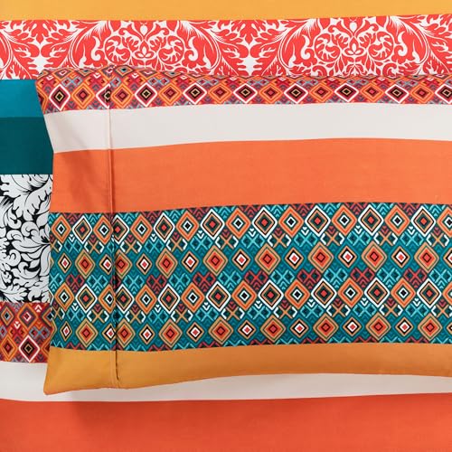 Image of Lush Decor Boho Stripe Soft Sheet 6 Piece Set, Queen, Turquoise & Tangerine