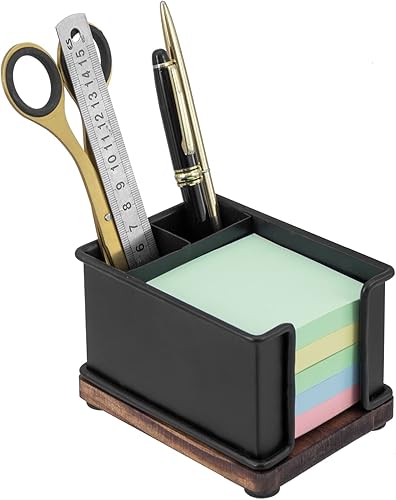 MyGift Moderno organizador industrial de papelería de oficina de metal negro mate con soporte para notas adhesivas, 2 compartimentos de