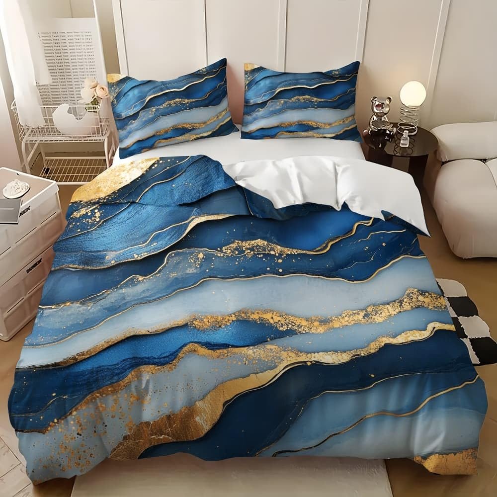 Fluido Di Marmo Lussuoso Copripiumino 2 Persona con Cerniera 250x200 cm Blu Set Biancheria da Letto in Microfibra, Lavabile in Lavatrice, per Bambini, Adolescenti e Adulti