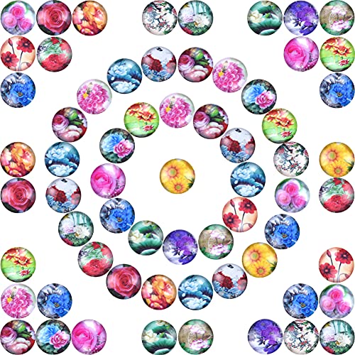 Aipridy 200 Pieces 12mm Mosaic Printed Glass Dome Cabochons Mixed Color Flower Pattern Half Round Crafts Mosaic Tiles for Photo Pendant Jewelry Making (12mm, Big flower)
