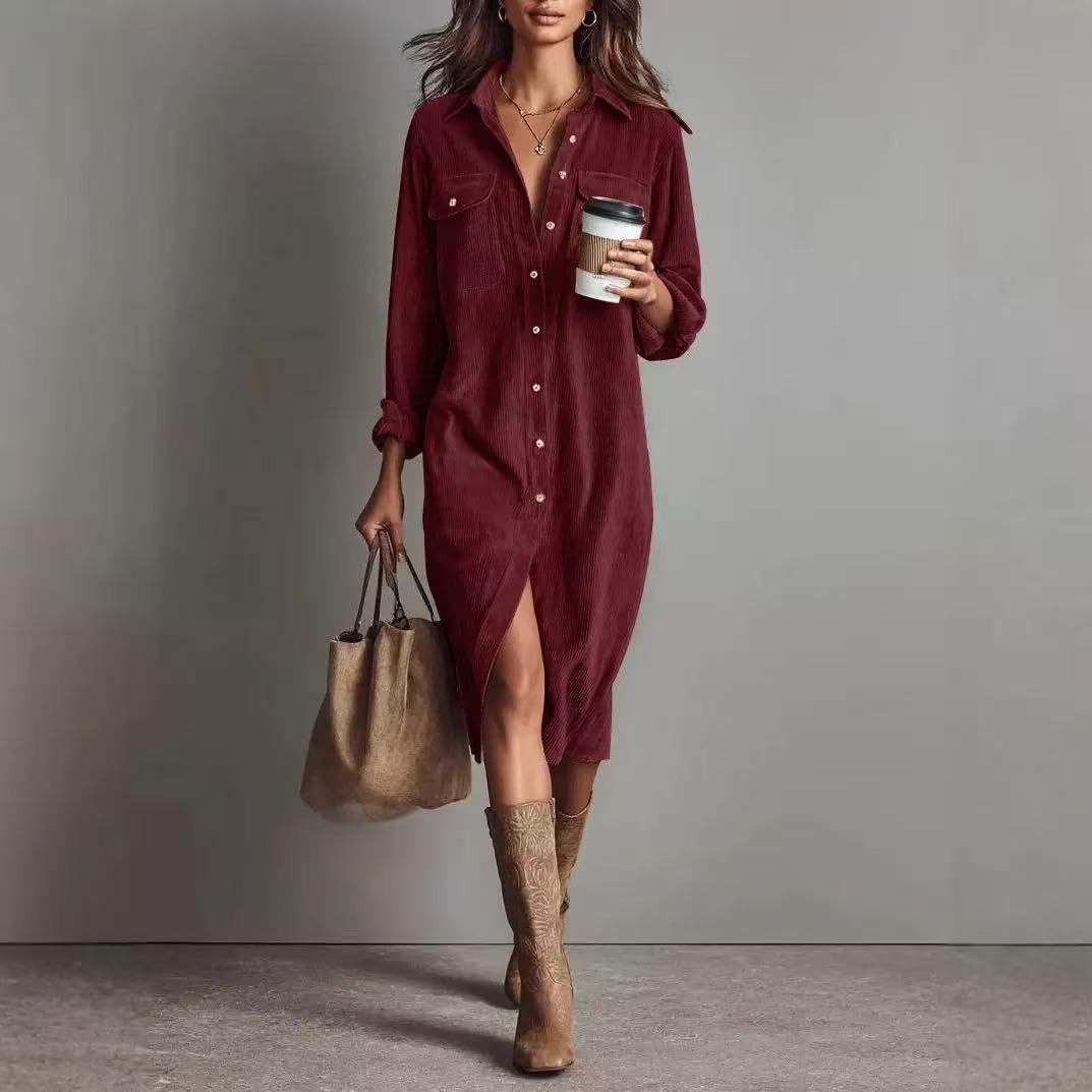 Robe-Chemise boutonnée en Velours côtelé pour Femme, Collection Automne Robe décontractée d'automne, Coupe Ample, col à Revers, Manches Longues et Poches (Pink,Grand)