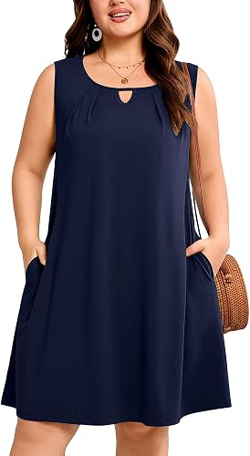 AusLook Plus Size Summer Midi Dress for Women Sleeveless Casual A Line Swing Dress with Pockets Keyhole Neck Beach 1X-5X