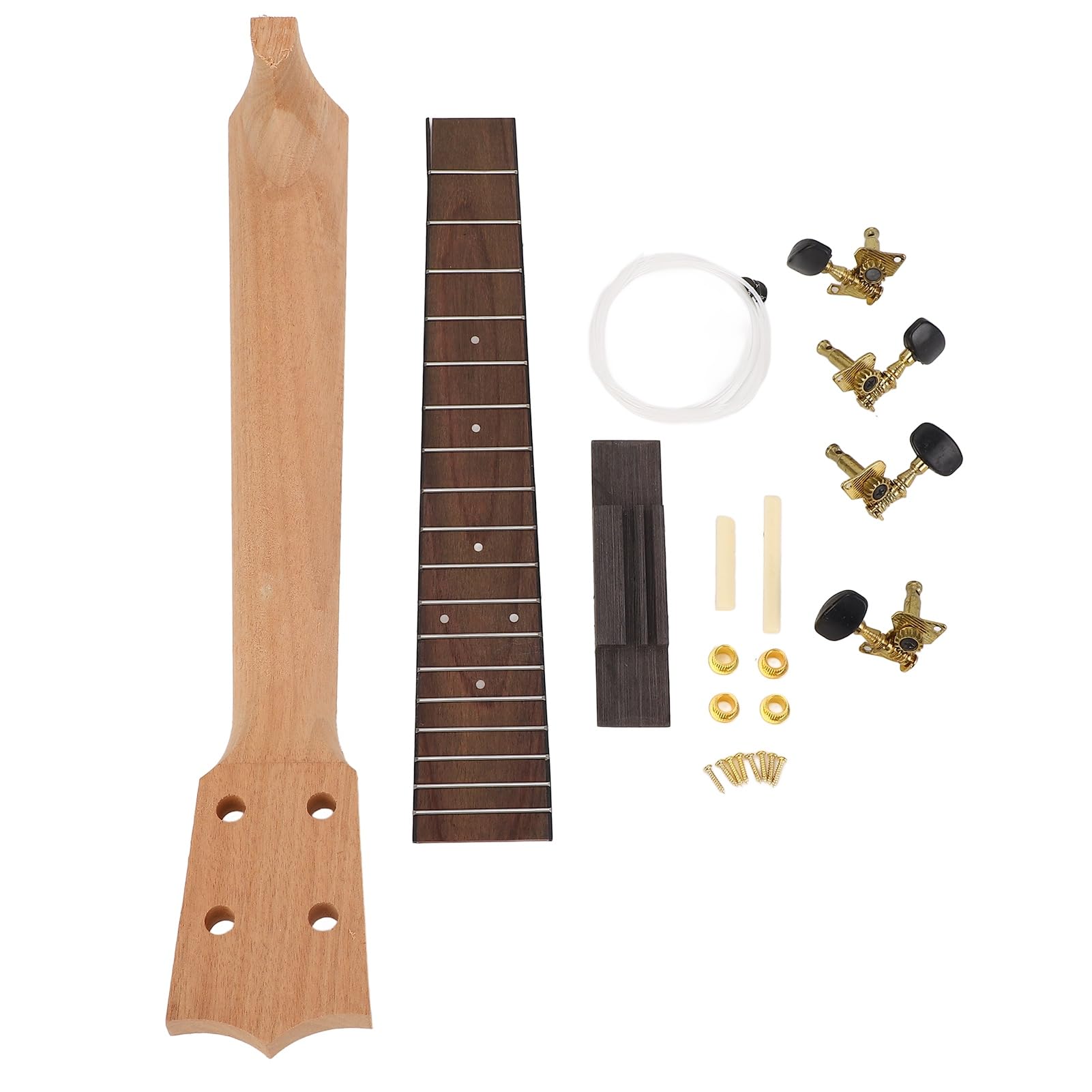 Kit de Manche de ukulélé, Touche en Palissandre, Kit D'assemblage de Manche de ukulélé Artisanal avec Bouton de Corde et Ensemble de Chevalet pour les Amateurs D'instruments de